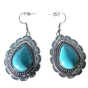 Turquoise Teardrop Dangle Earrings - Silver Tone